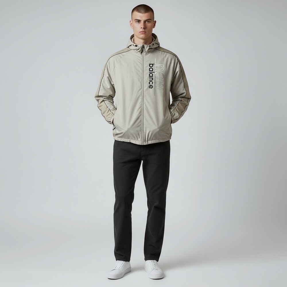New Balance‎ Lightweight Hooded Windbreaker Jacket Men Size L Beige Athleisure